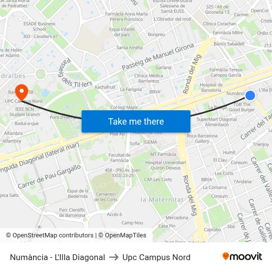 Numància - L'Illa Diagonal to Upc Campus Nord map