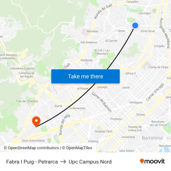 Fabra I Puig - Petrarca to Upc Campus Nord map