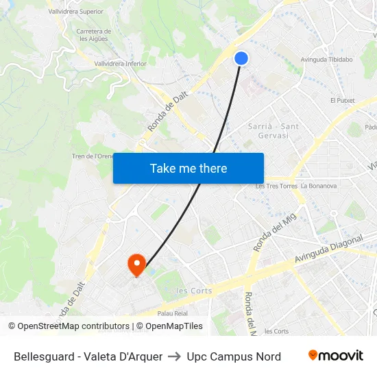Bellesguard - Valeta D'Arquer to Upc Campus Nord map