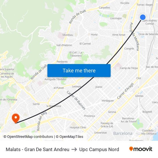 Malats - Gran De Sant Andreu to Upc Campus Nord map