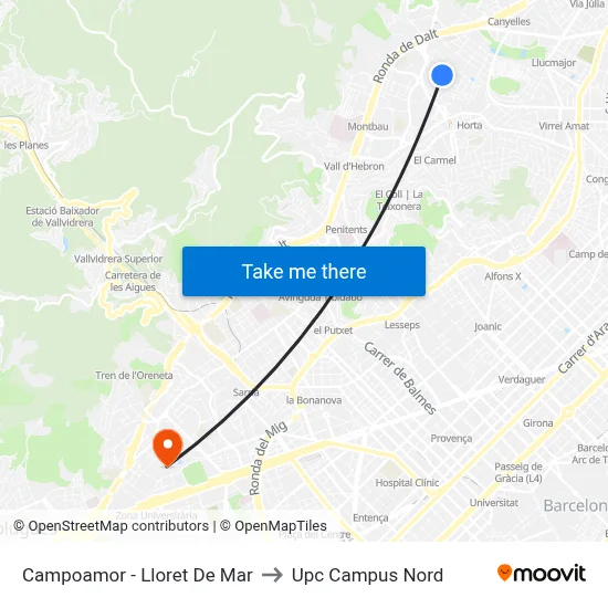 Campoamor - Lloret De Mar to Upc Campus Nord map