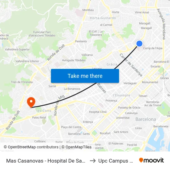 Mas Casanovas - Hospital De Sant Pau to Upc Campus Nord map