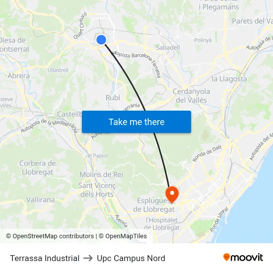 Terrassa Industrial to Upc Campus Nord map