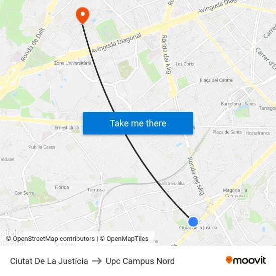 Ciutat De La Justícia to Upc Campus Nord map