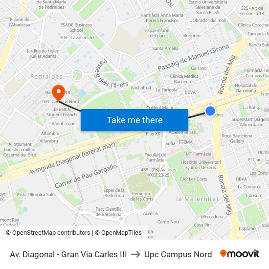 Av. Diagonal - Gran Via Carles III to Upc Campus Nord map