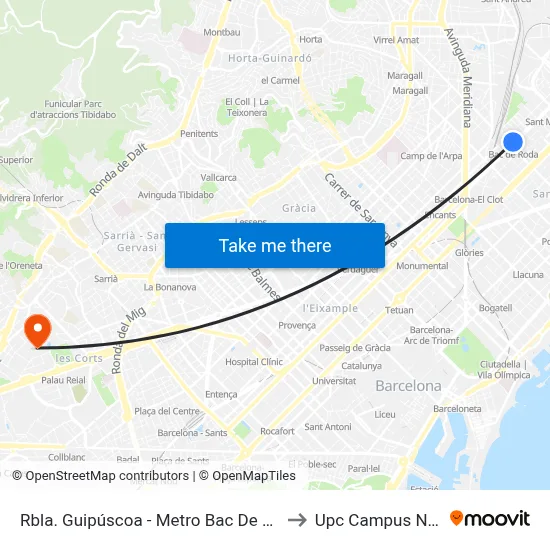 Rbla. Guipúscoa - Metro Bac De Roda to Upc Campus Nord map