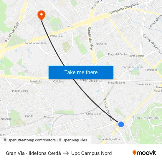Gran Via - Ildefons Cerdà to Upc Campus Nord map