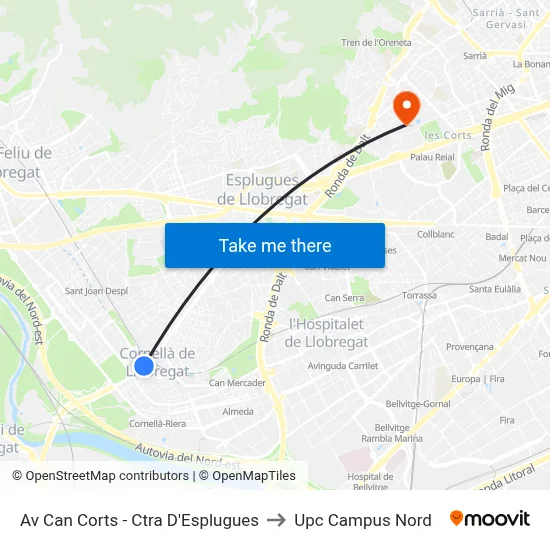 Av Can Corts - Ctra D'Esplugues to Upc Campus Nord map
