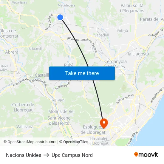 Nacions Unides to Upc Campus Nord map