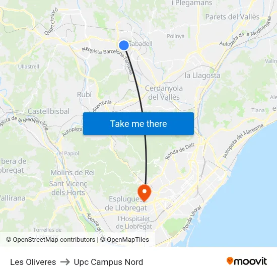 Les Oliveres to Upc Campus Nord map