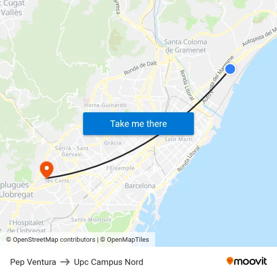 Pep Ventura to Upc Campus Nord map