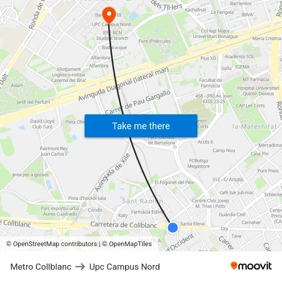 Metro Collblanc to Upc Campus Nord map