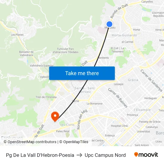 Pg De La Vall D'Hebron-Poesia to Upc Campus Nord map