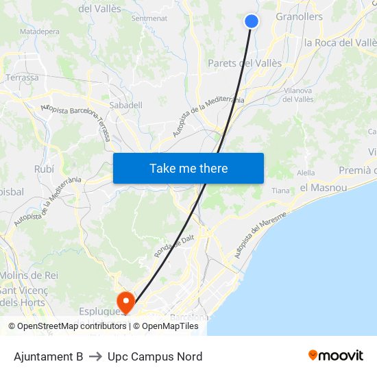 Ajuntament B to Upc Campus Nord map