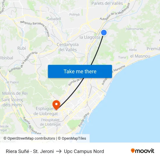 Riera Suñé - St. Jeroni to Upc Campus Nord map