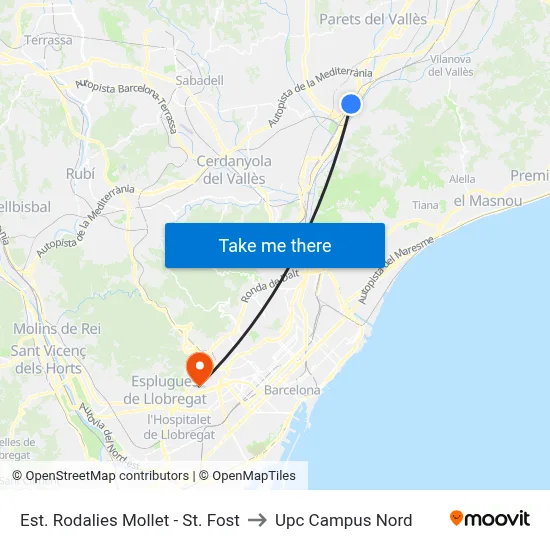 Est. Rodalies Mollet - St. Fost to Upc Campus Nord map