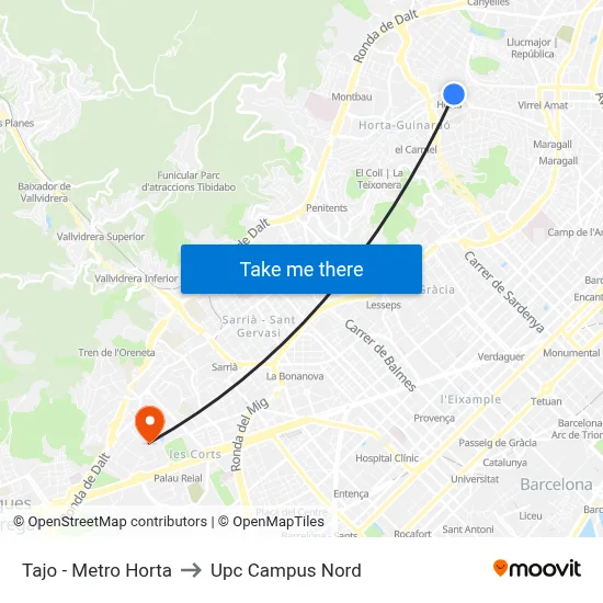 Tajo - Metro Horta to Upc Campus Nord map