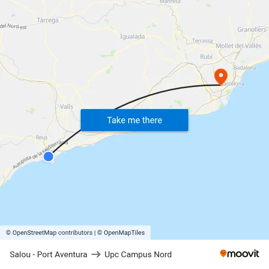 Salou - Port Aventura to Upc Campus Nord map