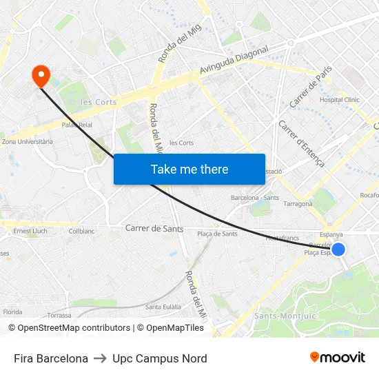 Fira Barcelona to Upc Campus Nord map