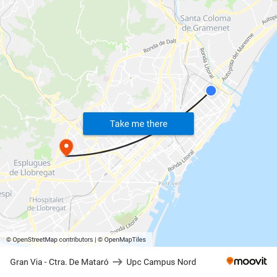 Gran Via - Ctra. De Mataró to Upc Campus Nord map