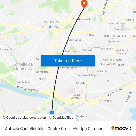 Autovia Castelldefels - Centre Comercial to Upc Campus Nord map