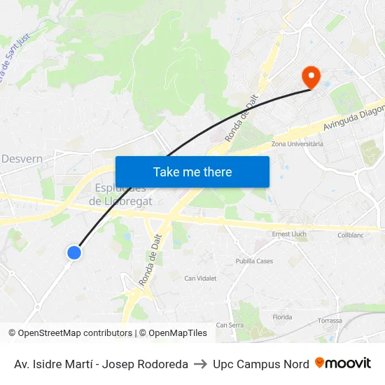 Av. Isidre Martí - Josep Rodoreda to Upc Campus Nord map