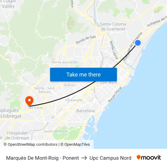 Marquès De Mont-Roig - Ponent to Upc Campus Nord map