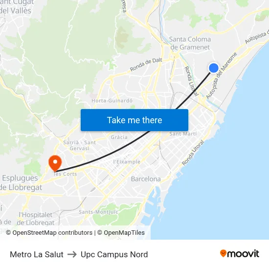 Metro La Salut to Upc Campus Nord map