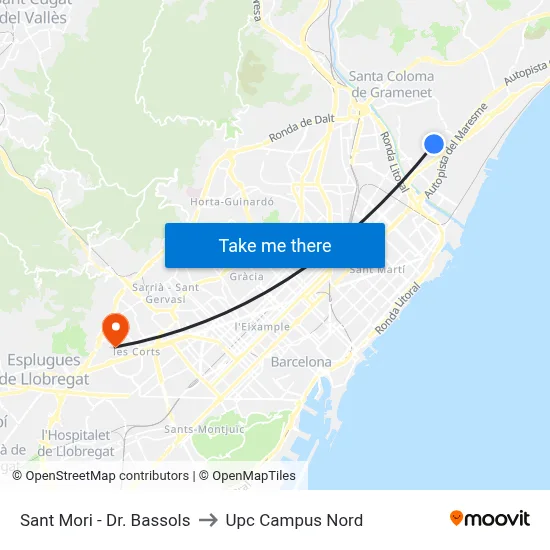 Sant Mori - Dr. Bassols to Upc Campus Nord map