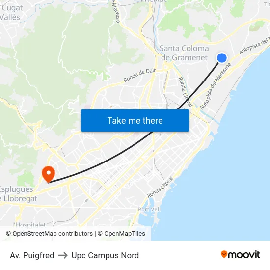 Av. Puigfred to Upc Campus Nord map
