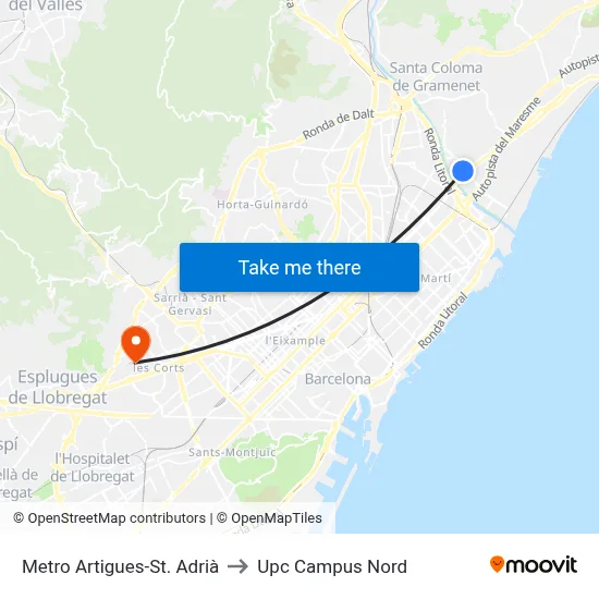 Metro Artigues-St. Adrià to Upc Campus Nord map