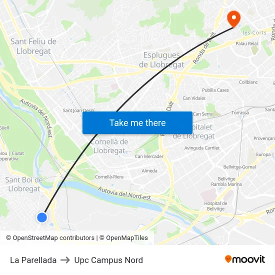 La Parellada to Upc Campus Nord map