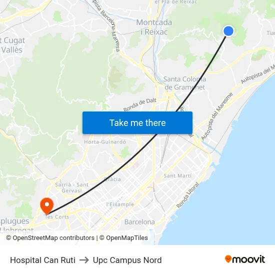 Hospital Can Ruti to Upc Campus Nord map