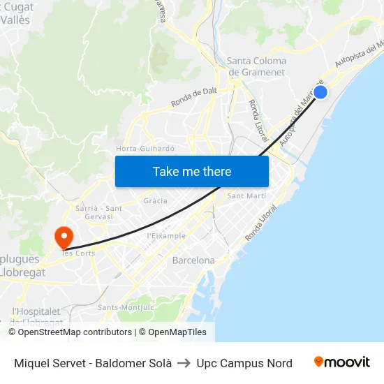 Miquel Servet - Baldomer Solà to Upc Campus Nord map