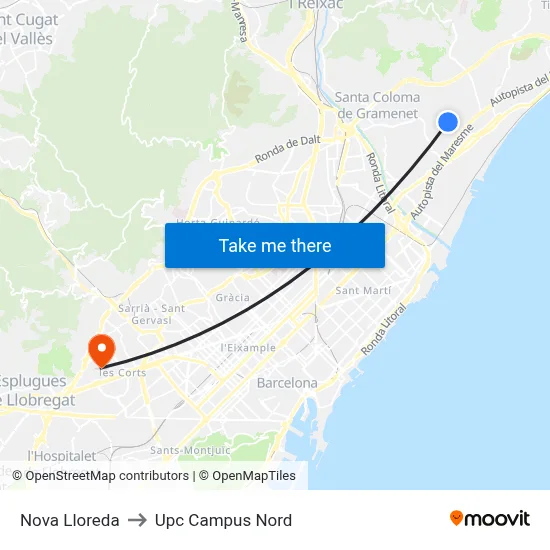 Nova Lloreda to Upc Campus Nord map