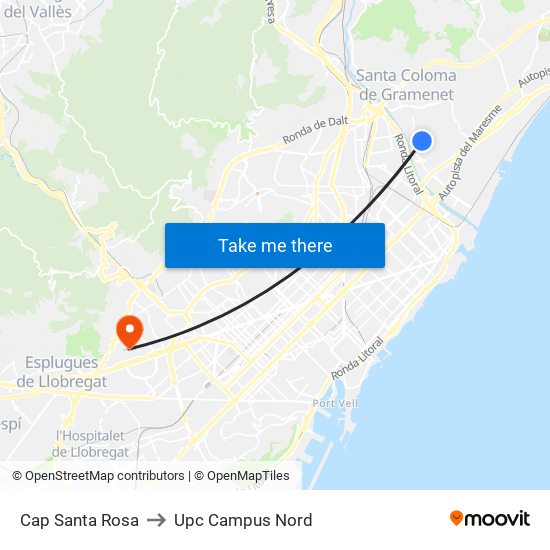 Cap Santa Rosa to Upc Campus Nord map
