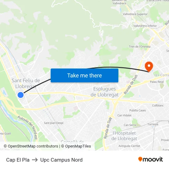 Cap El Pla to Upc Campus Nord map