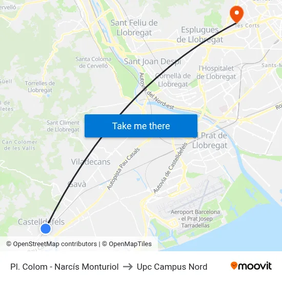 Pl. Colom - Narcís Monturiol to Upc Campus Nord map