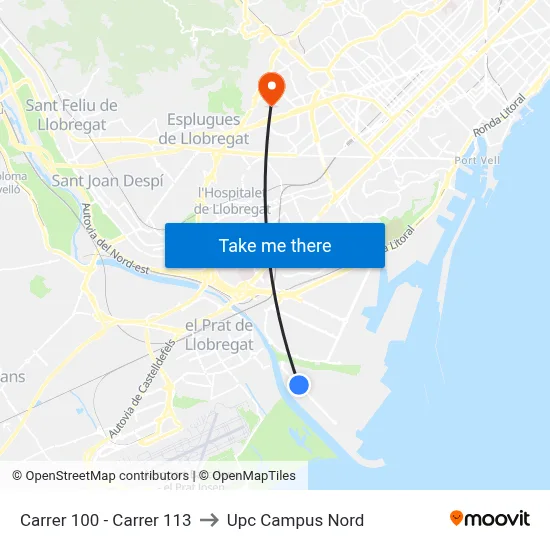 Carrer 100 - Carrer 113 to Upc Campus Nord map