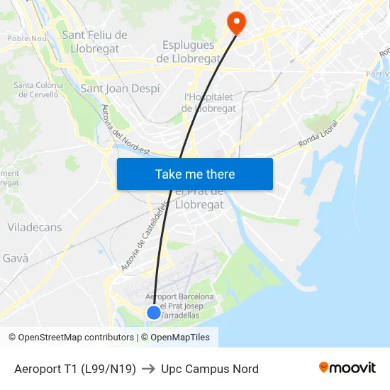 Aeroport T1 to Upc Campus Nord map