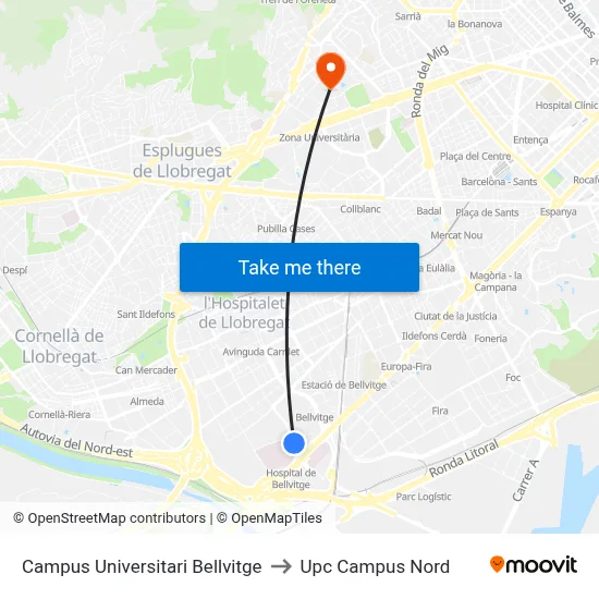 Campus Universitari Bellvitge to Upc Campus Nord map