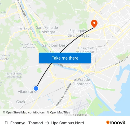 Pl. Espanya - Tanatori to Upc Campus Nord map