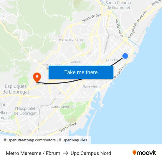 Metro Maresme / Fòrum to Upc Campus Nord map