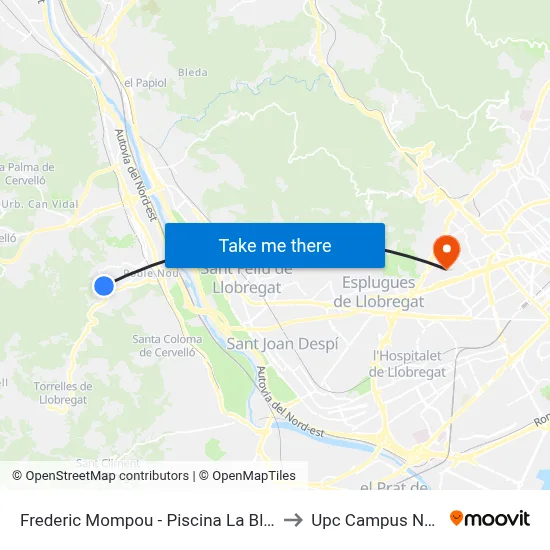 Frederic Mompou - Piscina La Blava to Upc Campus Nord map