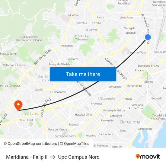 Meridiana - Felip Il to Upc Campus Nord map