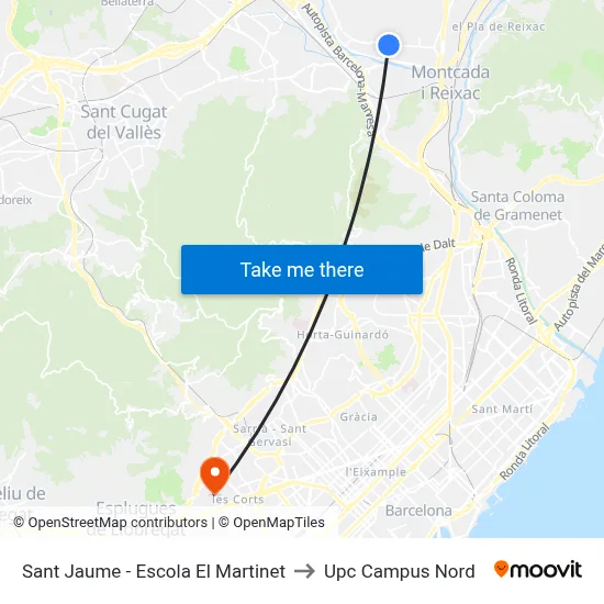 Sant Jaume - Escola El Martinet to Upc Campus Nord map