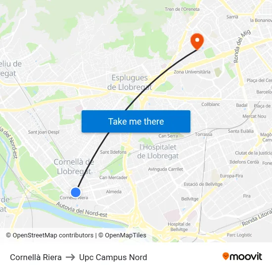 Cornellà Riera to Upc Campus Nord map