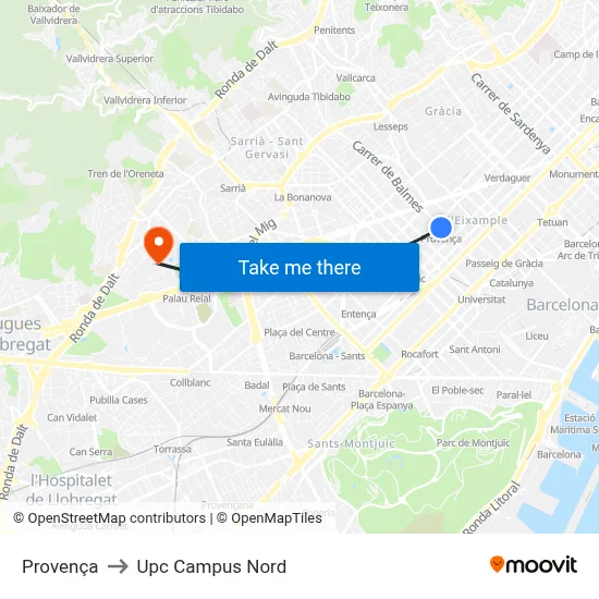 Provença to Upc Campus Nord map