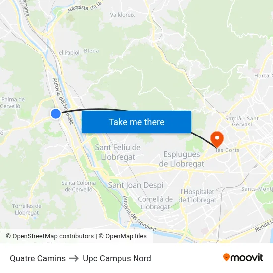 Quatre Camins to Upc Campus Nord map