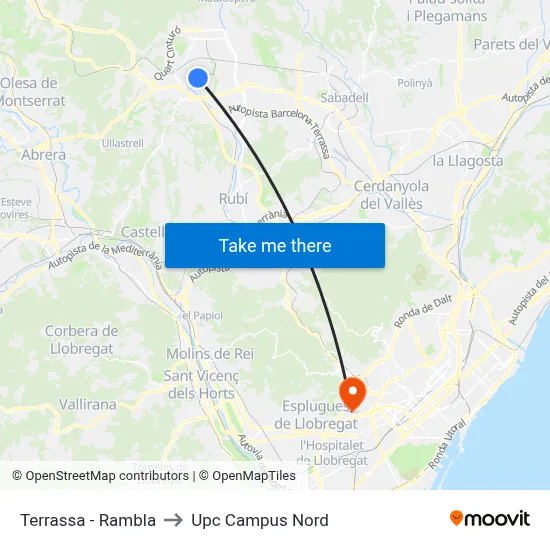 Terrassa - Rambla to Upc Campus Nord map